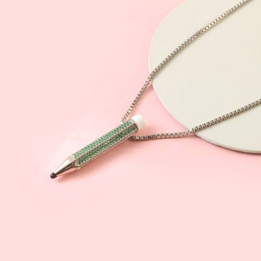 Sterling Silver Green Pencil Necklace | Creative Pendant with CZ Stones | Quirky Minimal Jewelry for Artists - Zirak Silver