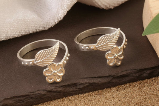 Sterling Silver Leaf & Flower Adjustable Toe Ring | Boho Floral 925 Silver Jewelry - Zirak Silver