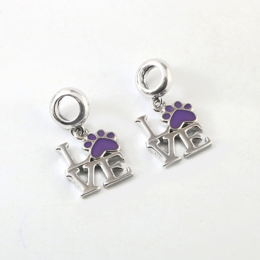 Sterling Silver “LOVE” Paw Print Dangle Charm with Purple Enamel - Zirak Silver