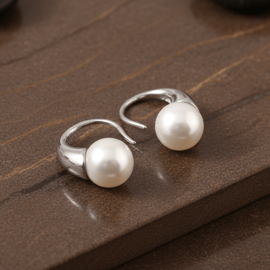 Sterling Silver Pearl Half Hoop Earrings – Minimal Elegant White Pearl Studs for Women - Zirak Silver