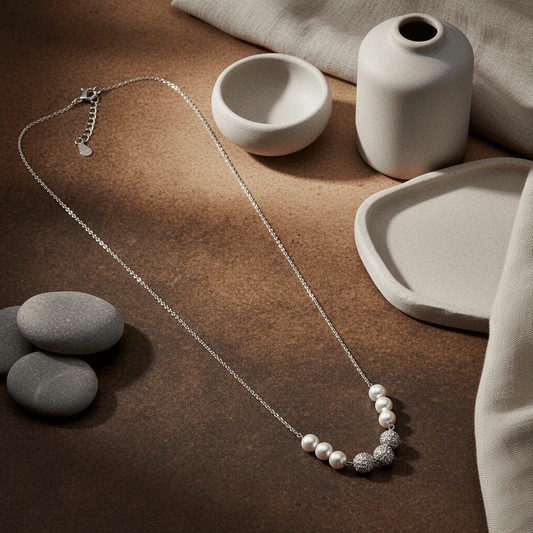 Sterling Silver Pearl Necklace with Pave Beads | Minimal Elegant Chain Necklace - Zirak Silver
