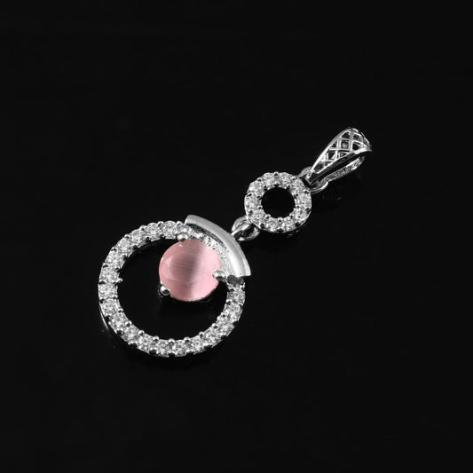 Sterling Silver Pink Cat's Eye Pendant with Zircon Halo - Zirak Silver