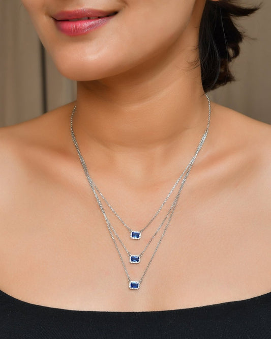 Sterling Silver Triple - Layer Sapphire - Blue Halo Pendant Necklace - Zirak Silver