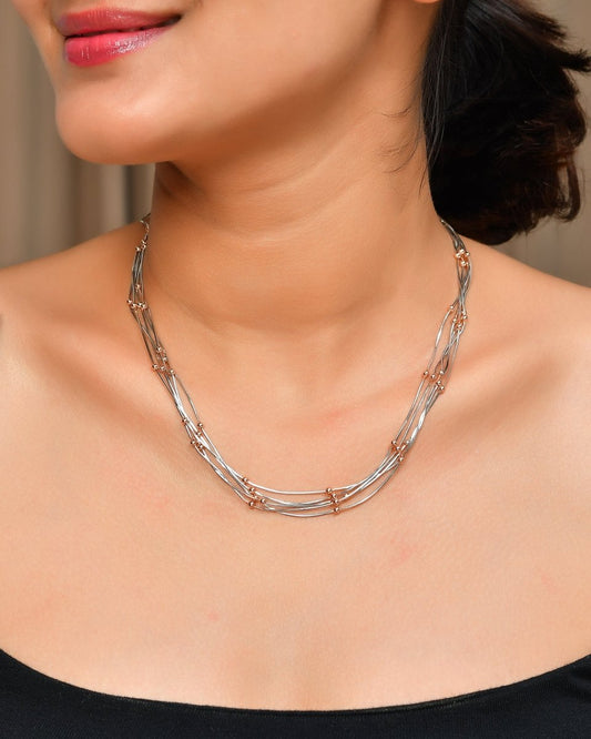 Sterling Silver Wave Tube Necklace with Rose - Gold Bead Clusters | Layered Collar - Zirak Silver