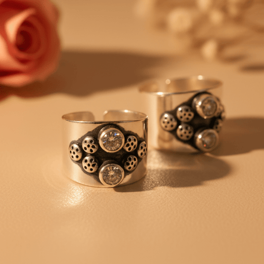 Tara Double Stone Wide Toe Rings (Medium) - Zirak Silver