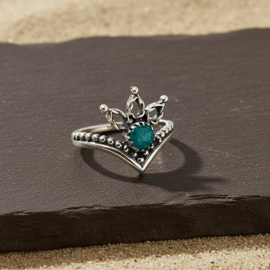 Teal Crystal Crown Ring – Sterling Silver V - Shape Queen Tiara Ring - Zirak Silver