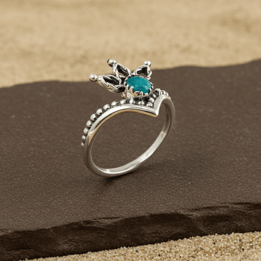 Teal Crystal Crown Ring – Sterling Silver V - Shape Queen Tiara Ring - Zirak Silver
