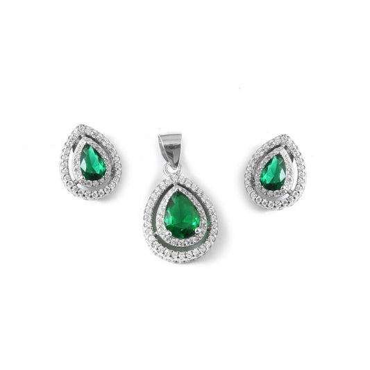 Teardrop Emerald Green Pendant Set - Zirak Silver