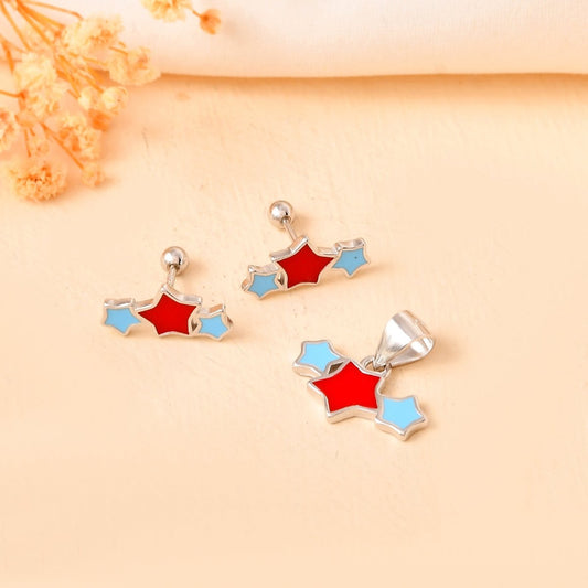 Triple - Star Sterling - Silver Kids Pendant & Stud Set | Red - Sky Enamel Constellation - Zirak Silver