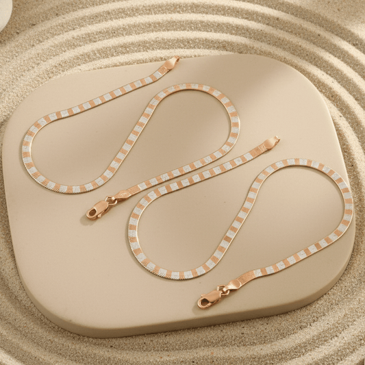 Two - Tone Herringbone Anklet | Silver & Rose Gold Flat Chain Anklet | Minimal Everyday Jewelry - Zirak Silver