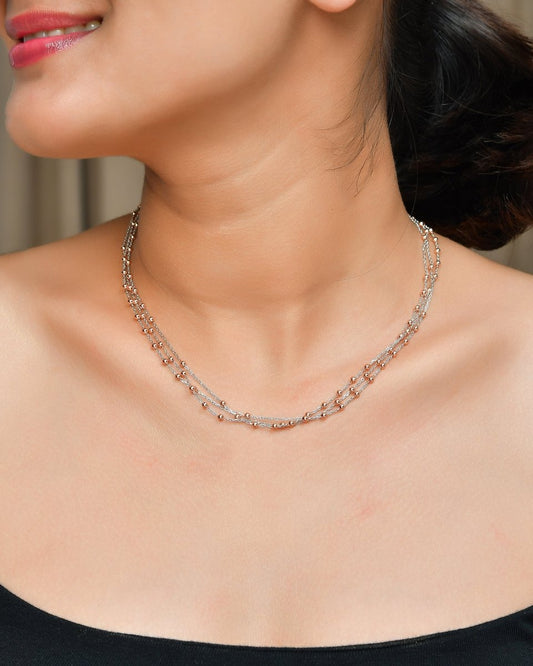 Two - Tone Multi - Strand Sterling Silver & Rose - Gold Bead Layered Necklace - Zirak Silver