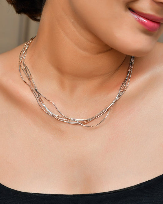Two - Tone Sterling Silver & Rose - Gold Tube - Bead Multi - Strand Necklace – Adjustable 16 - 18 in - Zirak Silver