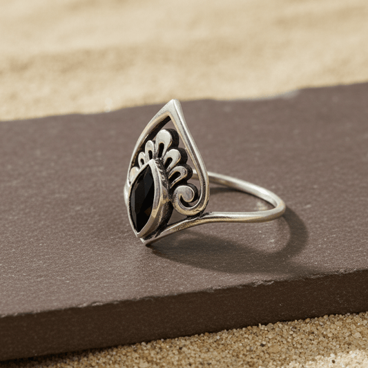 Vintage Black Marquise Silver Ring – Antique Pattern 925 Sterling - Zirak Silver
