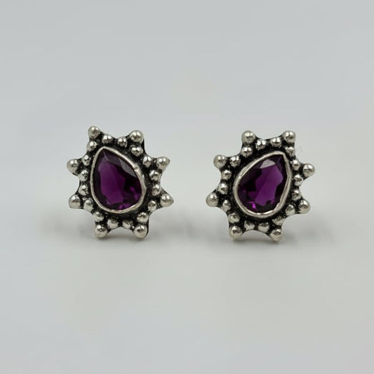 Vintage Ruby Teardrop Oxidised Silver Stud Earrings - Zirak Silver