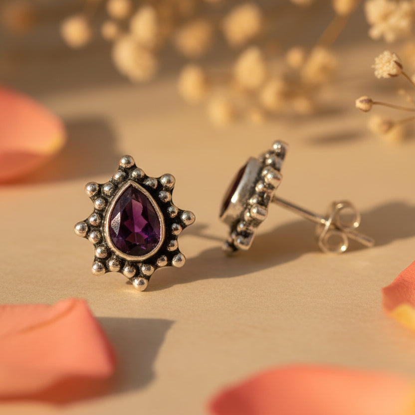 Vintage Ruby Teardrop Oxidised Silver Stud Earrings - Zirak Silver