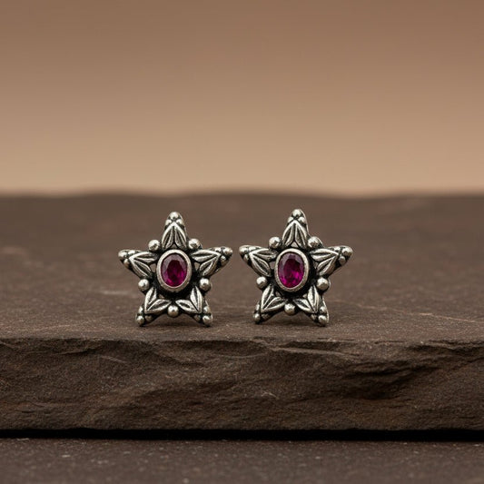 Vintage Star Ruby Stud Earrings in 925 Sterling Silver - Zirak Silver