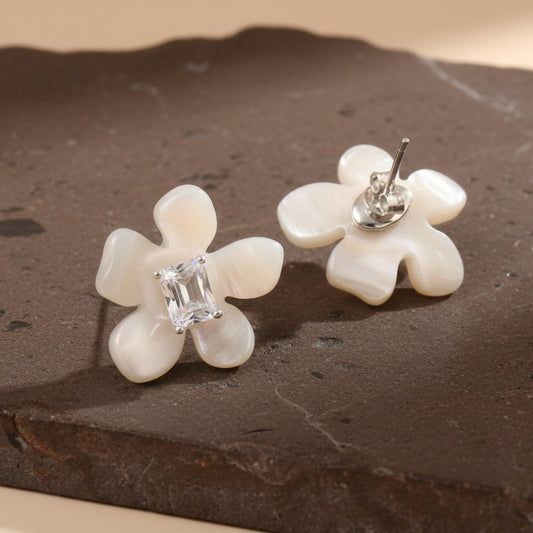 White Flower Stud Earrings | 925 Silver Floral Earrings with CZ Center Stone | Elegant Mother of Pearl Look - Zirak Silver