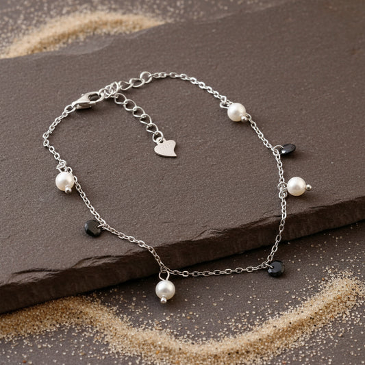 White Pearl & Black CZ Bracelet | 925 Silver Dainty Dual Charm Bracelet for Women - Zirak Silver