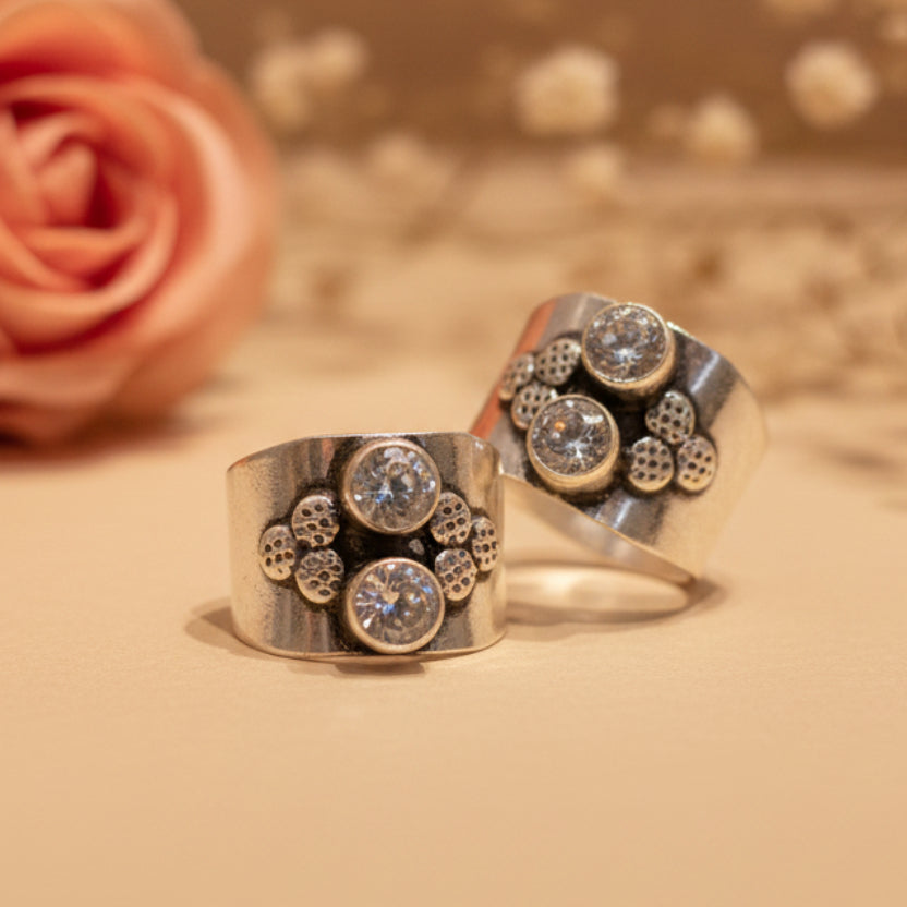 Tara Double Stone Wide Toe Rings (Medium) - Zirak Silver