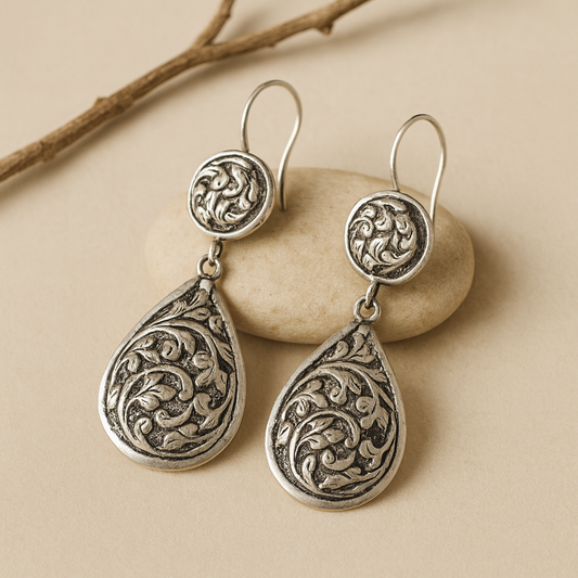 Vriti Earrings – Oxidised 925 Silver Engraved Teardrop Dangle Earrings