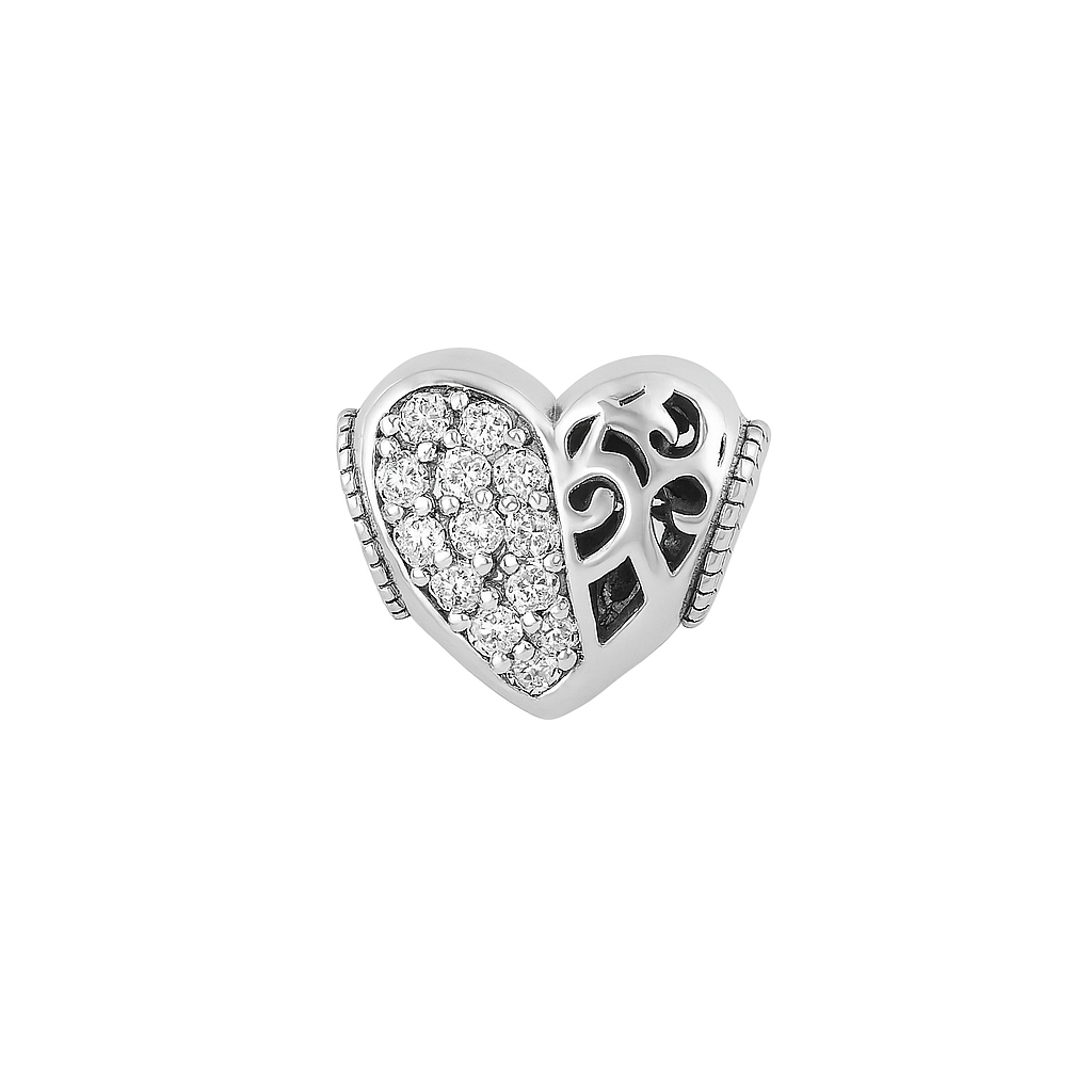 Elegant Sterling Silver Cubic Zirconia Heart Charm with Swirl Cutout