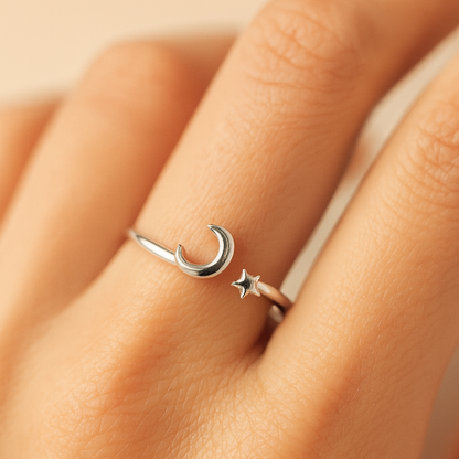 Sterling Silver Moon and Star Adjustable Ring