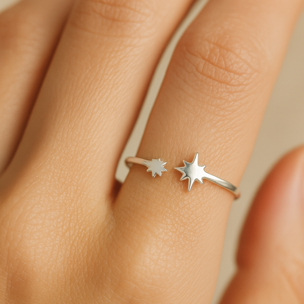 Minimal Starry Duo Silver Ring – Adjustable Celestial Ring for Women