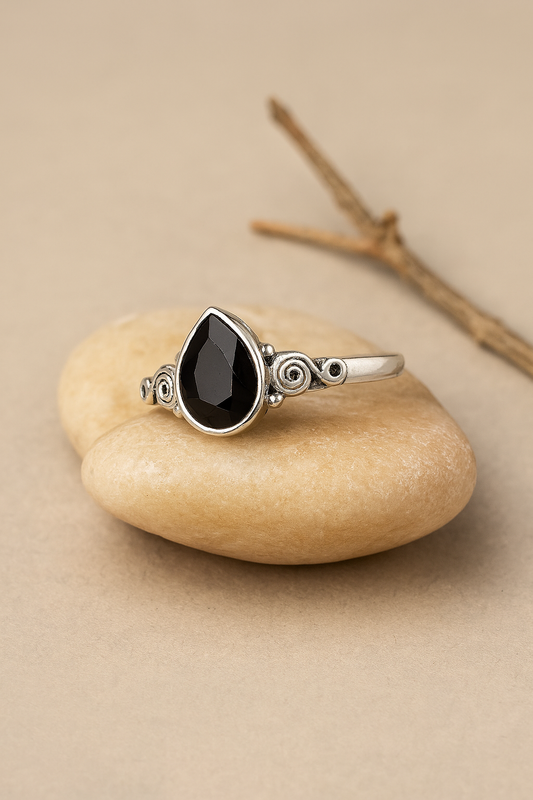 Teardrop Black Onyx Ring with Vintage Scroll Detailing