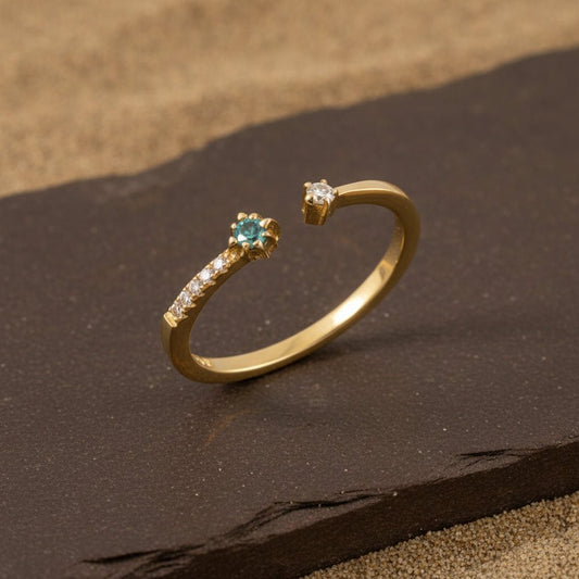 925 Gold - Plated Open Ring with Green & White CZ Stones | Adjustable Sterling Silver Ring - Zirak Silver