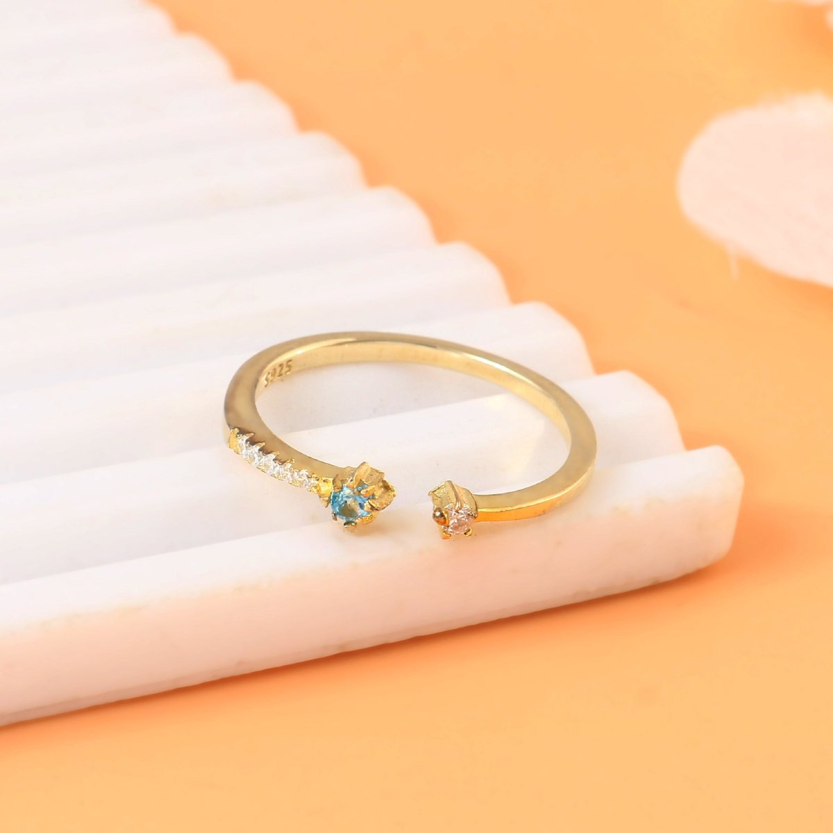925 Gold - Plated Open Ring with Green & White CZ Stones | Adjustable Sterling Silver Ring - Zirak Silver