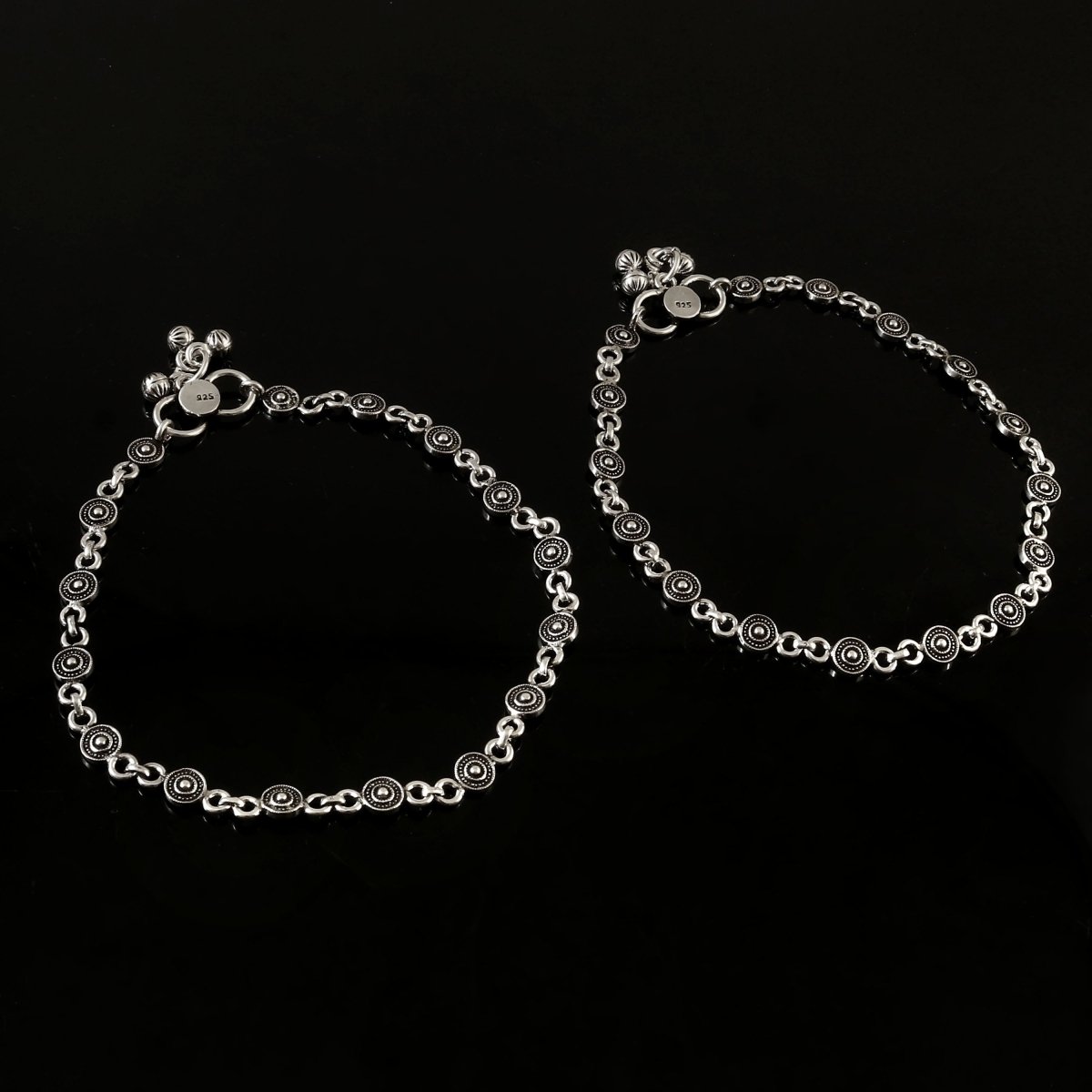 925 Oxidised Silver Tribal Disc Anklet Pair | Handmade Payal Set - Zirak Silver