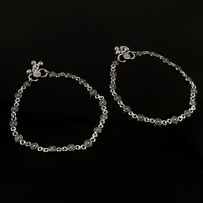 925 Oxidised Silver Tribal Disc Anklet Pair | Handmade Payal Set - Zirak Silver
