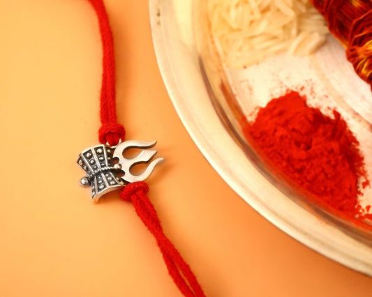 925 Oxidised Silver Trishul Damru Rakhi | Antique Shiv Rakhi with Red Thread - Zirak Silver