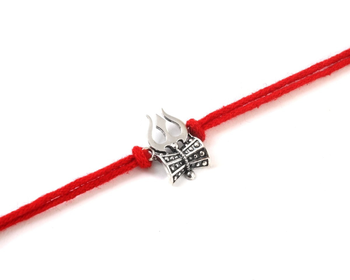 925 Oxidised Silver Trishul Damru Rakhi | Antique Shiv Rakhi with Red Thread - Zirak Silver