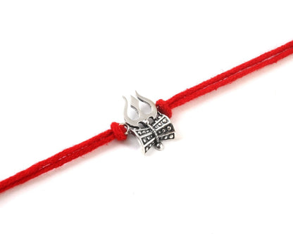 925 Oxidised Silver Trishul Damru Rakhi | Antique Shiv Rakhi with Red Thread - Zirak Silver