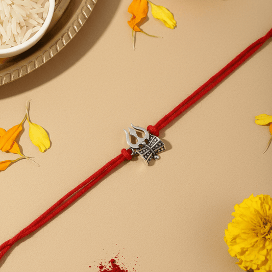 925 Oxidised Silver Trishul Damru Rakhi | Antique Shiv Rakhi with Red Thread - Zirak Silver