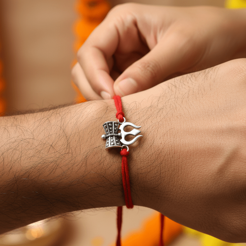 925 Oxidised Silver Trishul Damru Rakhi | Antique Shiv Rakhi with Red Thread - Zirak Silver