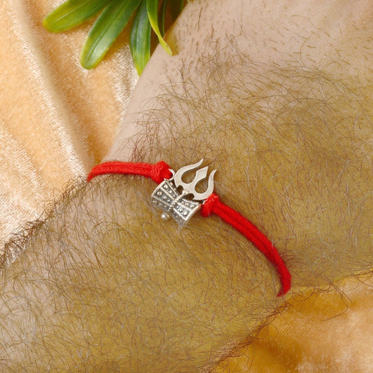 925 Oxidised Silver Trishul Damru Rakhi | Antique Shiv Rakhi with Red Thread - Zirak Silver