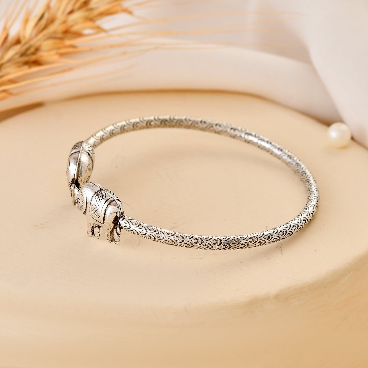 925 Oxidised Sterling Silver Elephant - Head Kids Kada Cuff Bracelet – Adjustable Tribal Bangle - Zirak Silver