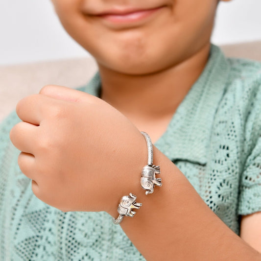 925 Oxidised Sterling Silver Elephant - Head Kids Kada Cuff Bracelet – Adjustable Tribal Bangle - Zirak Silver