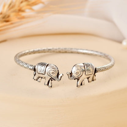 925 Oxidised Sterling Silver Elephant - Head Kids Kada Cuff Bracelet – Adjustable Tribal Bangle - Zirak Silver