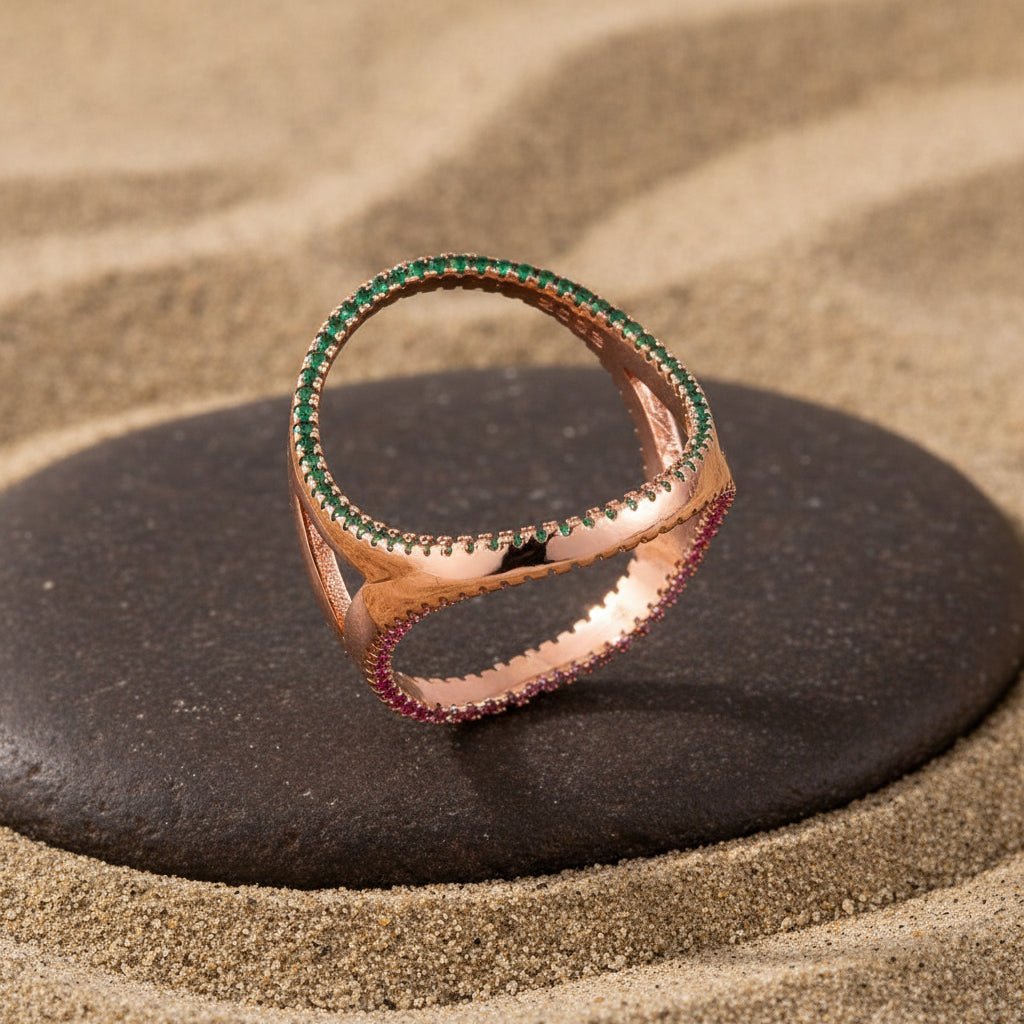 925 Rose Gold Crossover Ring | Emerald & Ruby CZ Statement Ring | Modern Sterling Silver Jewelry for Women - Zirak Silver