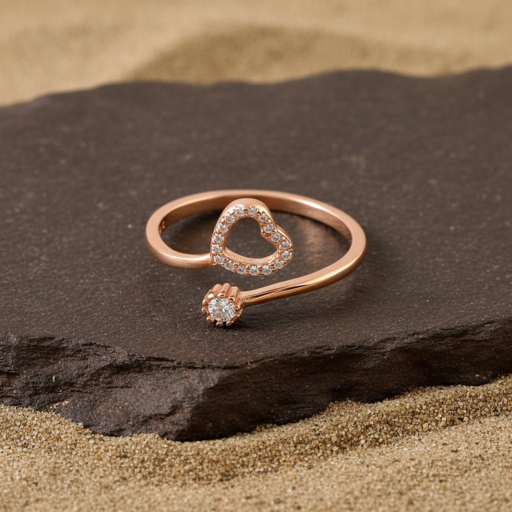 925 Rose Gold Open Heart Ring | Adjustable Silver Ring with CZ Stones | Dainty Love Jewelry for Women - Zirak Silver