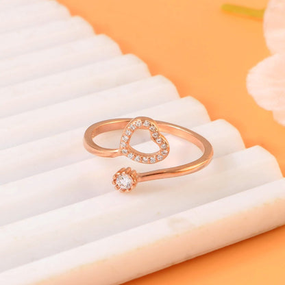 925 Rose Gold Open Heart Ring | Adjustable Silver Ring with CZ Stones | Dainty Love Jewelry for Women - Zirak Silver