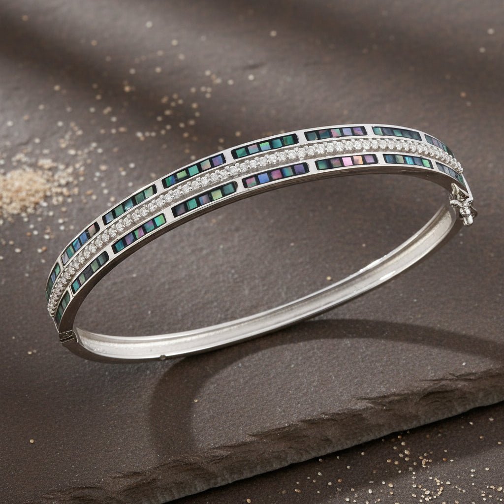 925 Silver Abalone & CZ Inlay Bangle Bracelet - Zirak Silver
