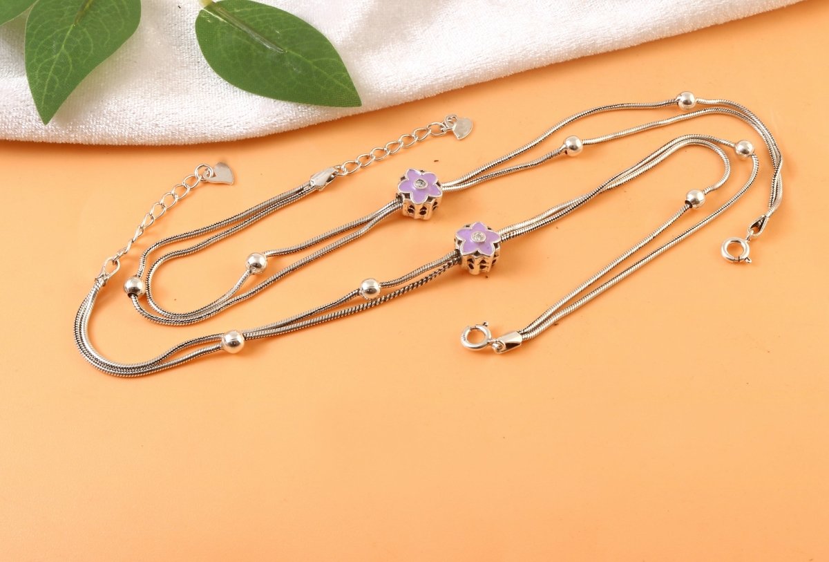 925 Silver Adjustable Anklet with Purple Floral Enamel Charm – Handmade Boho Jewelry - Zirak Silver