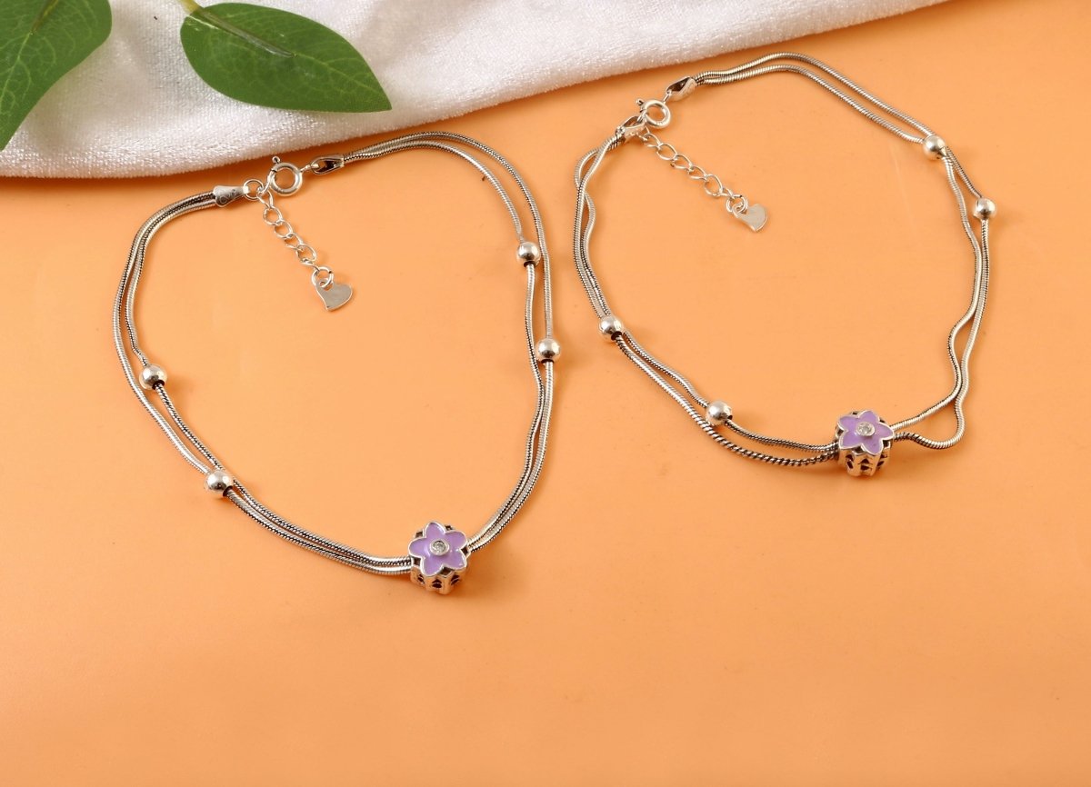 925 Silver Adjustable Anklet with Purple Floral Enamel Charm – Handmade Boho Jewelry - Zirak Silver