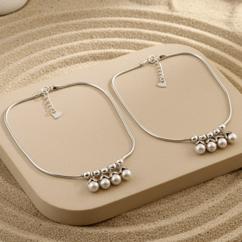 925 Silver Adjustable Anklet with White Pearl Dangle Charms – Handmade Ethnic Jewelry - Zirak Silver