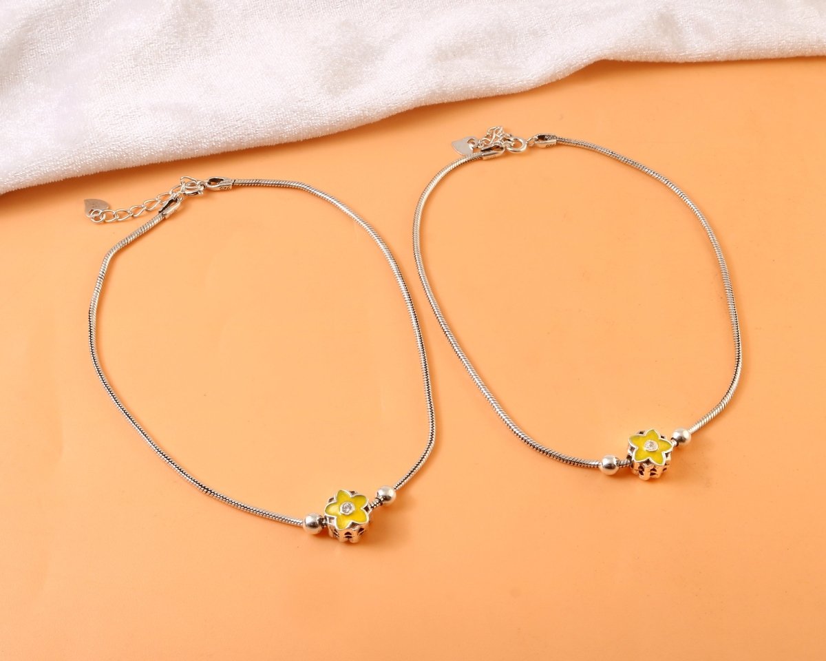 925 Silver Adjustable Anklet with Yellow Flower Charm – Handmade Enamel Jewelry - Zirak Silver