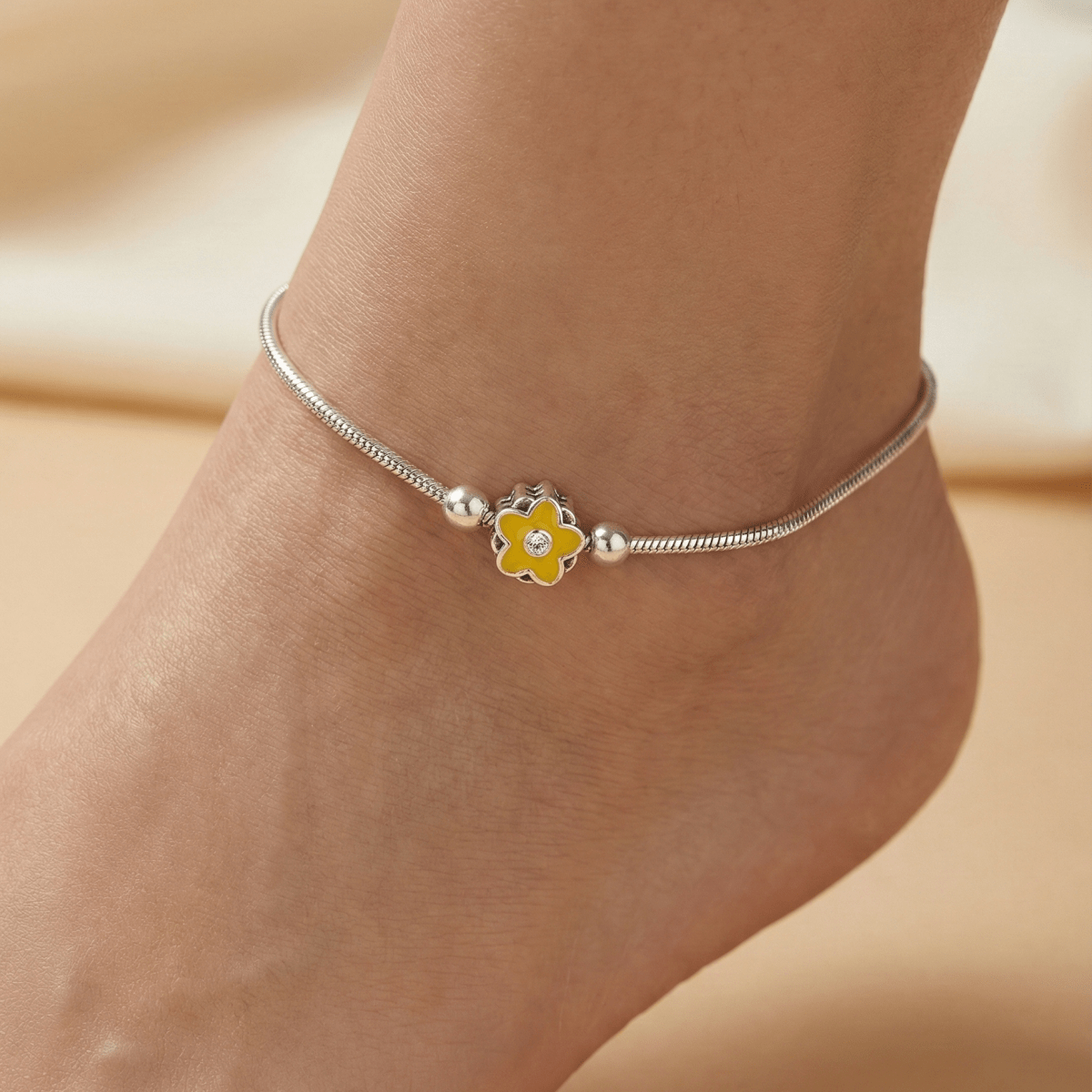 925 Silver Adjustable Anklet with Yellow Flower Charm – Handmade Enamel Jewelry - Zirak Silver